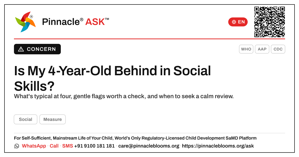 Is My 4-Year-Old Behind in Social Skills? — Pinnacle Ask answer card with a short explanation and QR link
