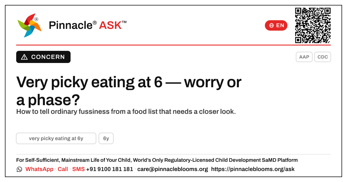 Very picky eating at 6 years — Pinnacle Ask answer card with a short explanation and QR link