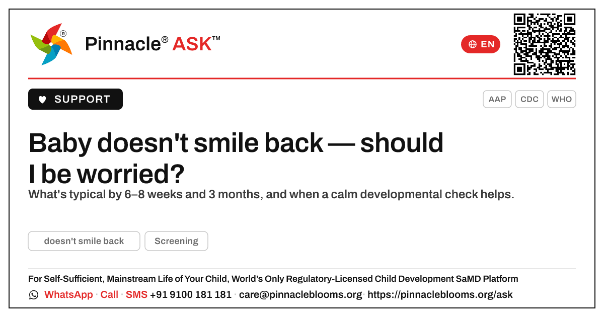 My child doesn't smile back — should I be worried? — Pinnacle Ask answer card with a short explanation and QR link