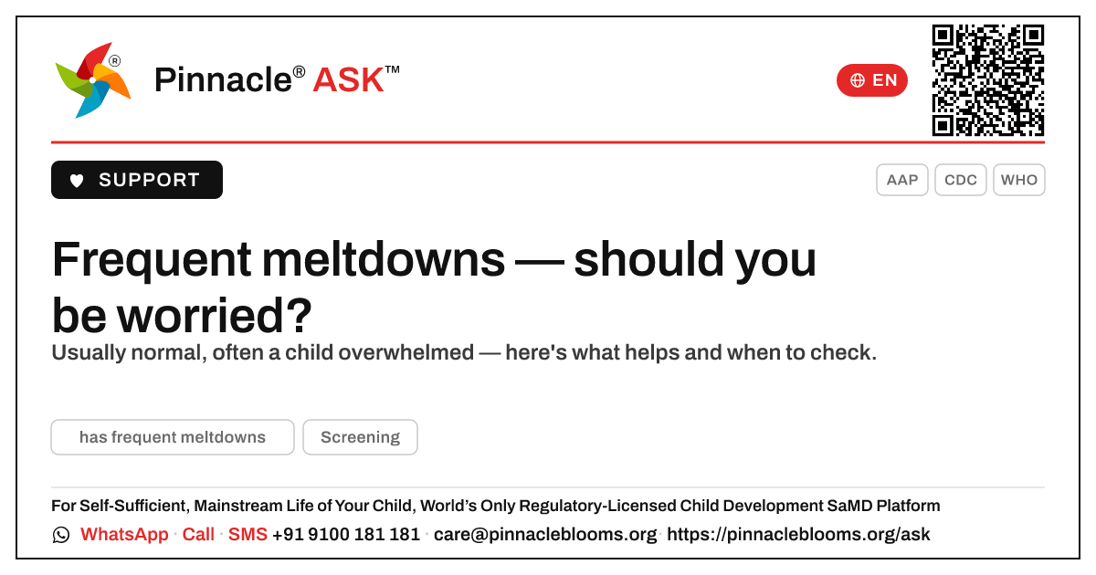 Frequent meltdowns — should I be worried? — Pinnacle Ask answer card with a short explanation and QR link