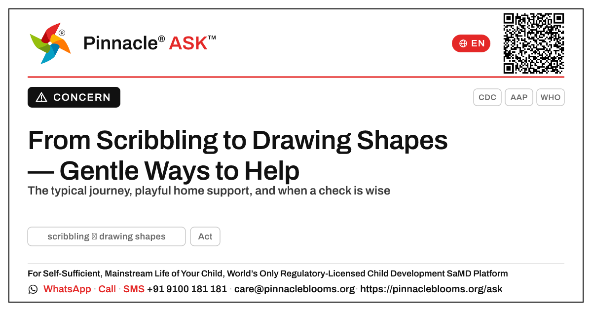 From scribbling to drawing shapes — how to help — Pinnacle Ask answer card with a short explanation and QR link