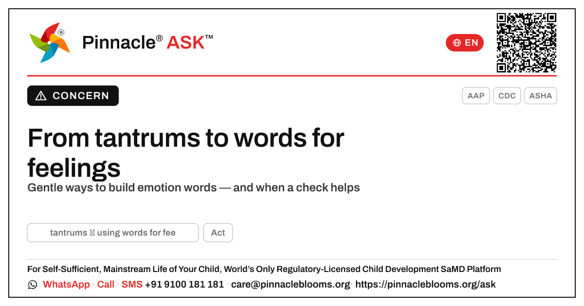 From tantrums to using words for feelings — Pinnacle Ask answer card with a short explanation and QR link