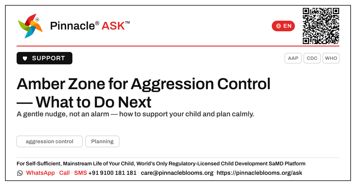 Amber Zone for Aggression Control — Your Next Steps — Pinnacle Ask answer card with a short explanation and QR link