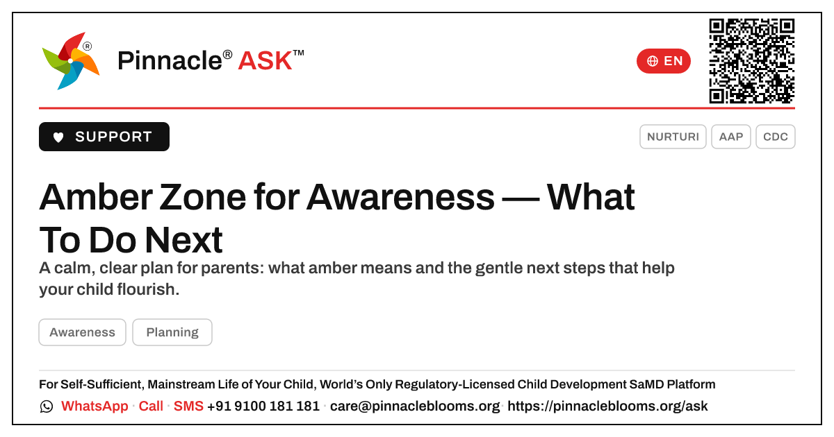 Amber Zone for Awareness — Your Next Steps — Pinnacle Ask answer card with a short explanation and QR link