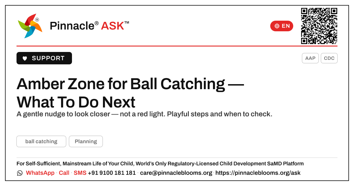 Ball Catching in the Amber Zone — Your Next Steps — Pinnacle Ask answer card with a short explanation and QR link