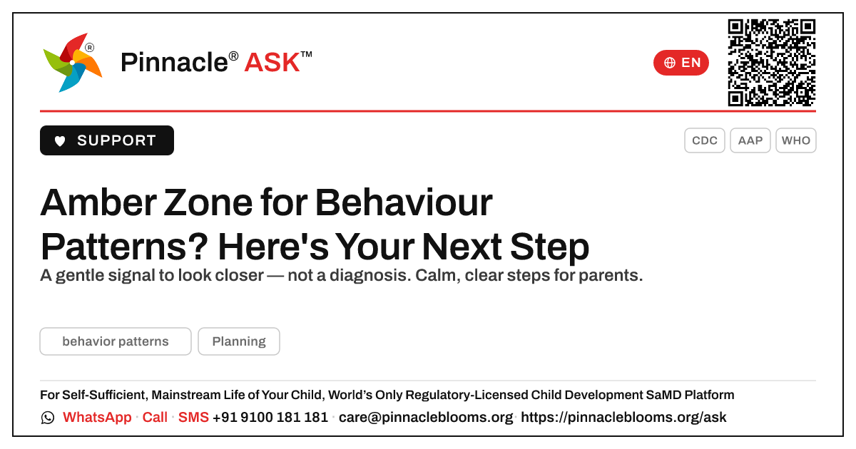 Amber Zone for Behaviour Patterns — What To Do Next — Pinnacle Ask answer card with a short explanation and QR link
