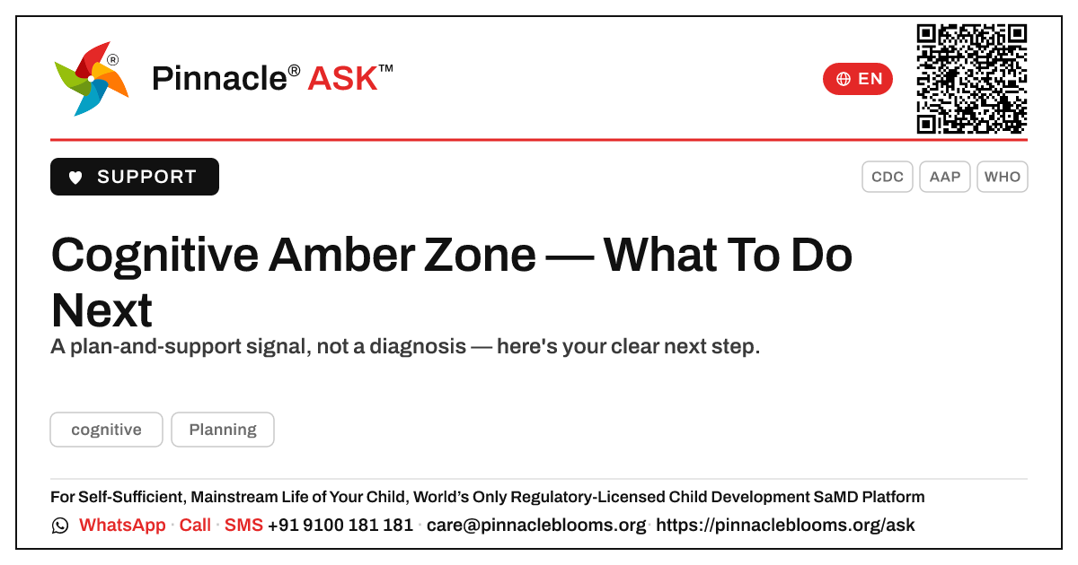 Cognitive Amber Zone — Your Next Steps — Pinnacle Ask answer card with a short explanation and QR link