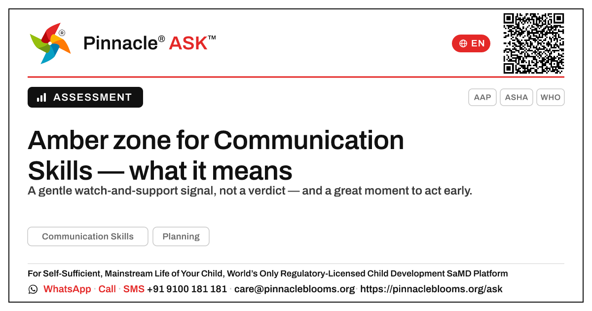 What the amber zone means for Communication Skills — Pinnacle Ask answer card with a short explanation and QR link