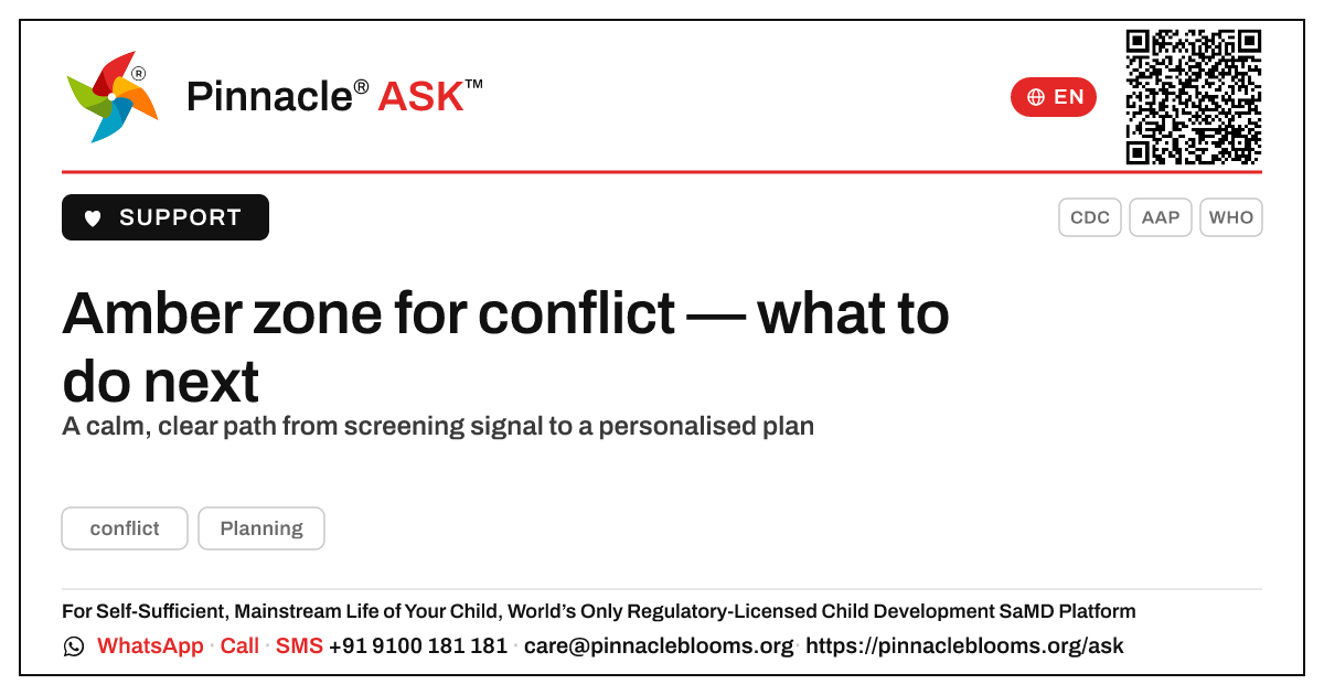 Amber zone for conflict — your next steps — Pinnacle Ask answer card with a short explanation and QR link