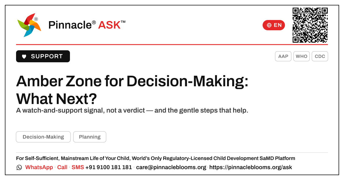 Amber Zone for Decision-Making — Your Next Steps — Pinnacle Ask answer card with a short explanation and QR link