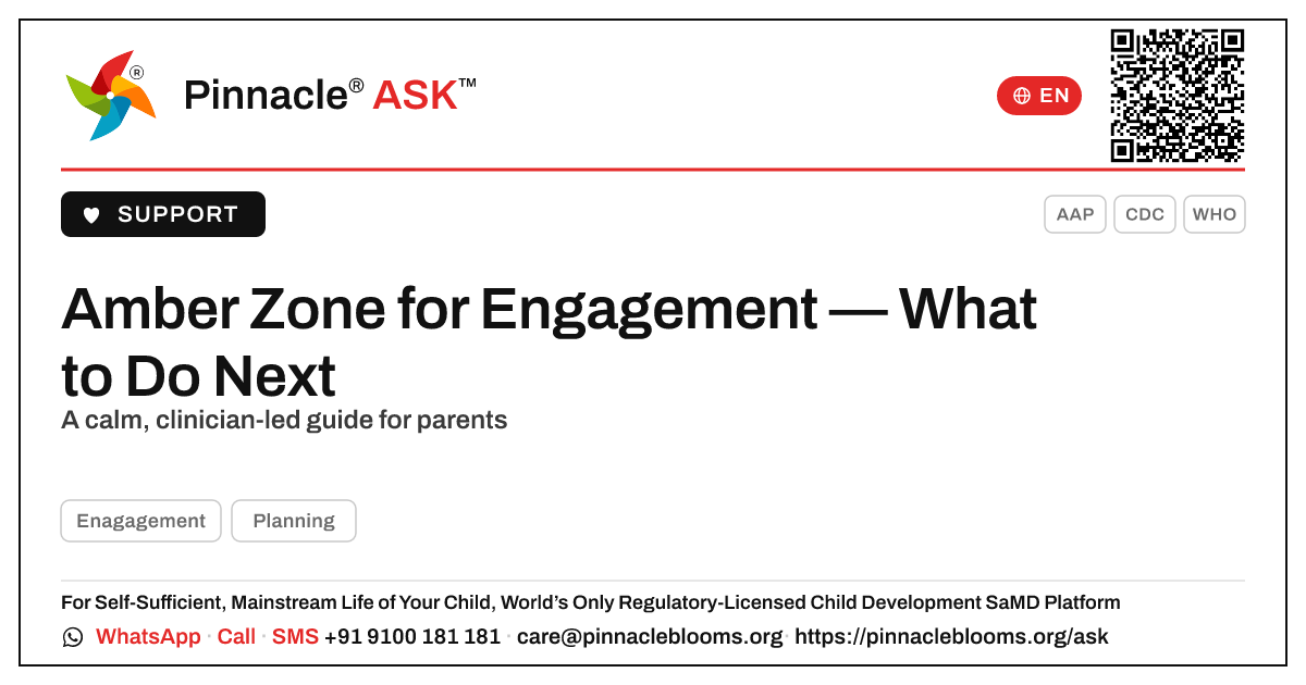Amber Zone for Engagement — Your Next Steps — Pinnacle Ask answer card with a short explanation and QR link