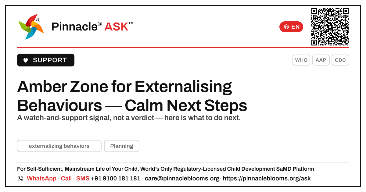 Amber Zone for Externalising Behaviours: What To Do Next — Pinnacle Ask answer card with a short explanation and QR link