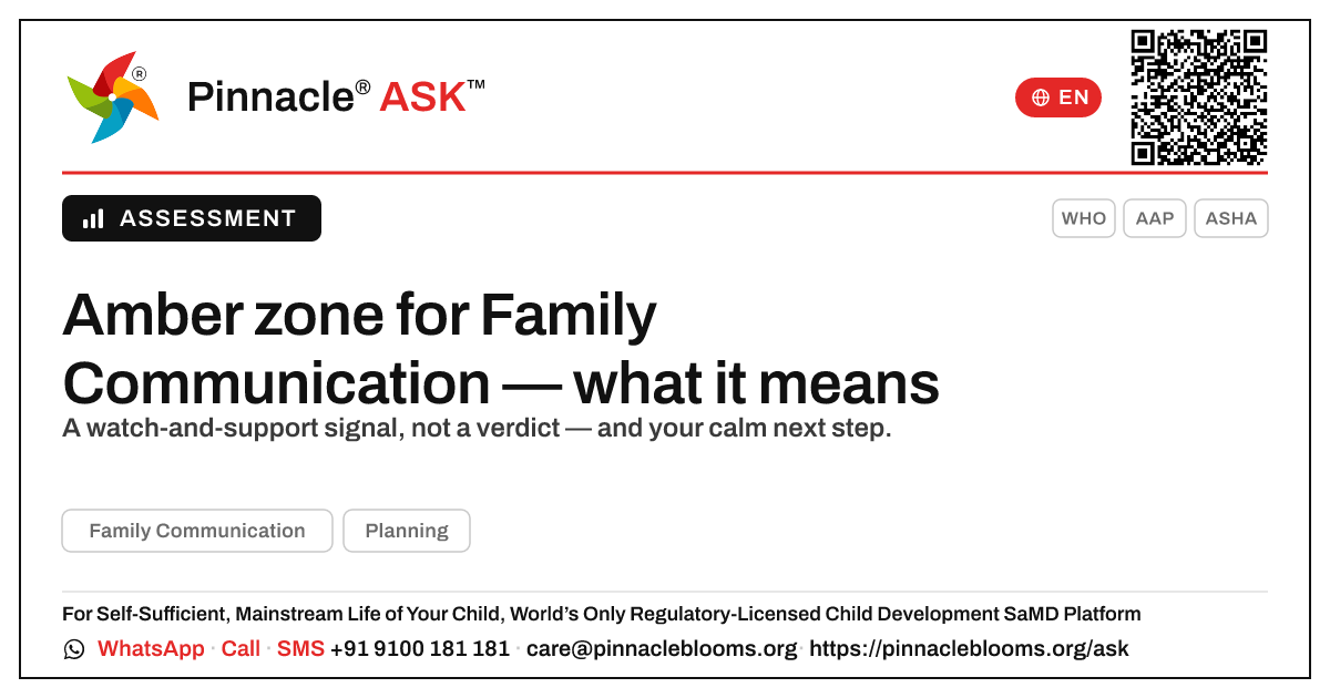 Amber zone for Family Communication — what it means — Pinnacle Ask answer card with a short explanation and QR link