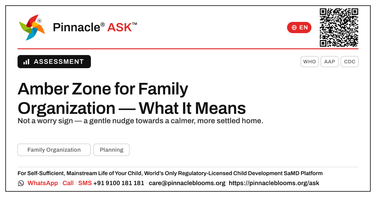 Amber Zone for Family Organization — What It Means — Pinnacle Ask answer card with a short explanation and QR link