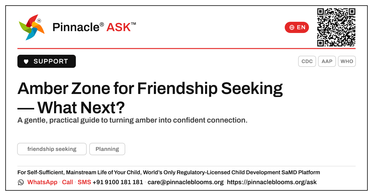 Amber Zone for Friendship Seeking: What to Do Next — Pinnacle Ask answer card with a short explanation and QR link