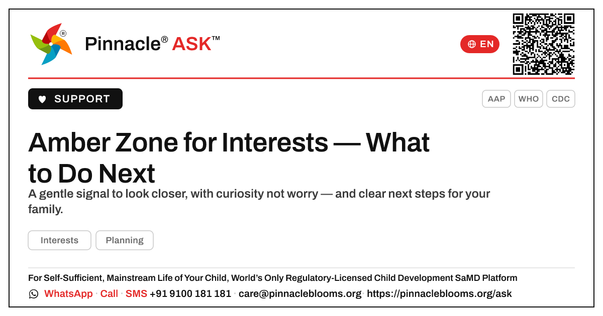 Amber Zone for Interests — What Should We Do Next? — Pinnacle Ask answer card with a short explanation and QR link