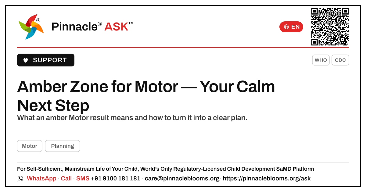 Amber Zone for Motor — What To Do Next — Pinnacle Ask answer card with a short explanation and QR link