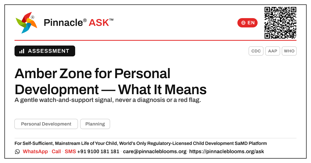 What does an amber zone for Personal Development mean? — Pinnacle Ask answer card with a short explanation and QR link