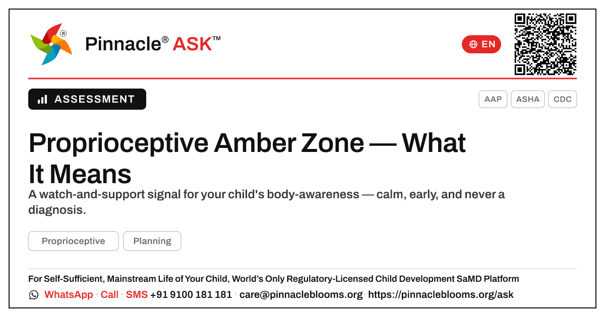 What does an amber zone for Proprioceptive mean? — Pinnacle Ask answer card with a short explanation and QR link