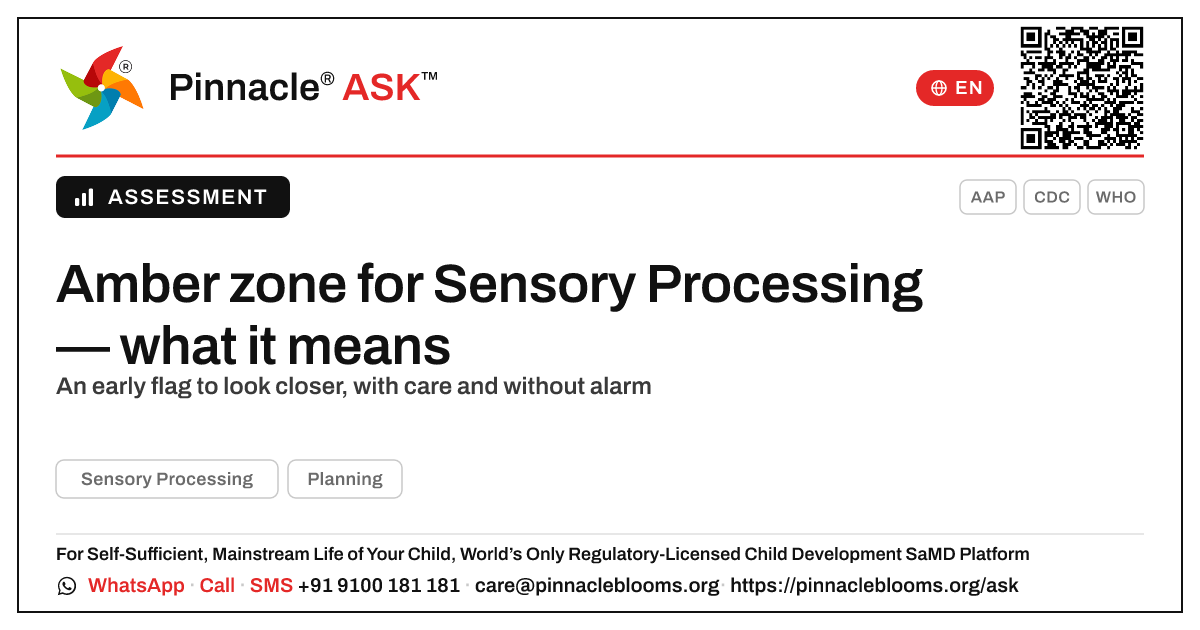 Amber zone for Sensory Processing — what it means — Pinnacle Ask answer card with a short explanation and QR link