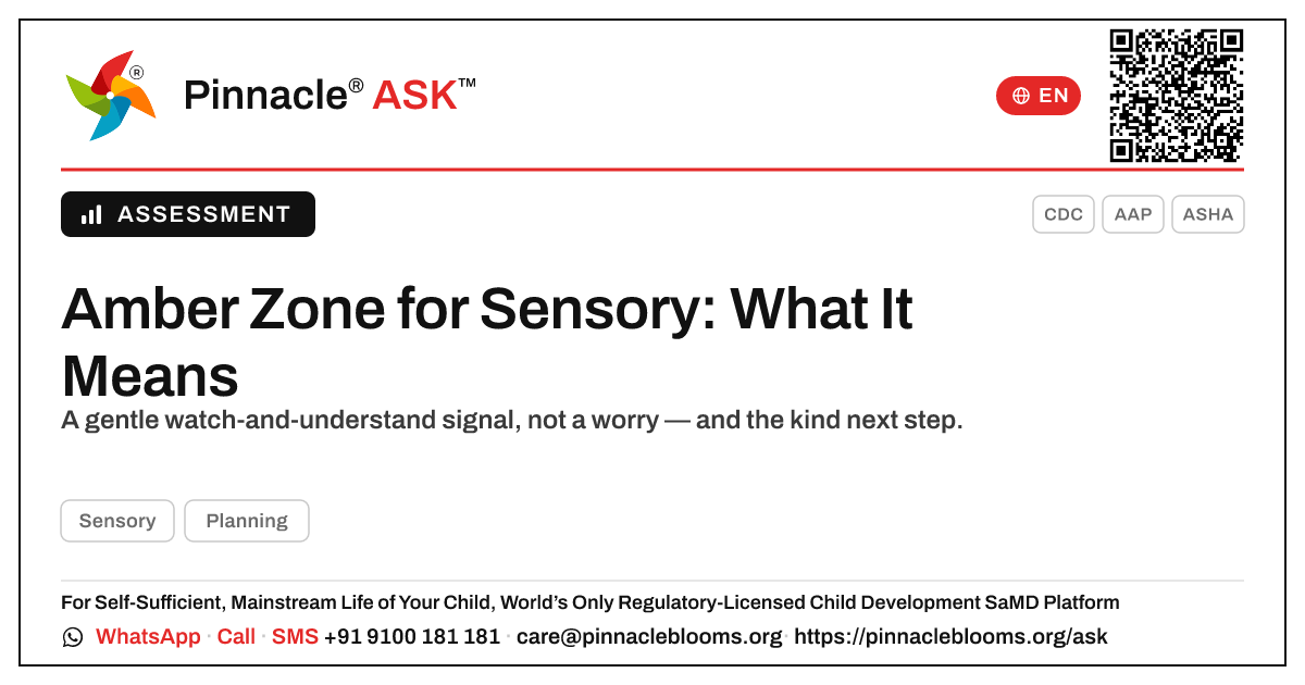 What does an amber zone for Sensory mean? — Pinnacle Ask answer card with a short explanation and QR link
