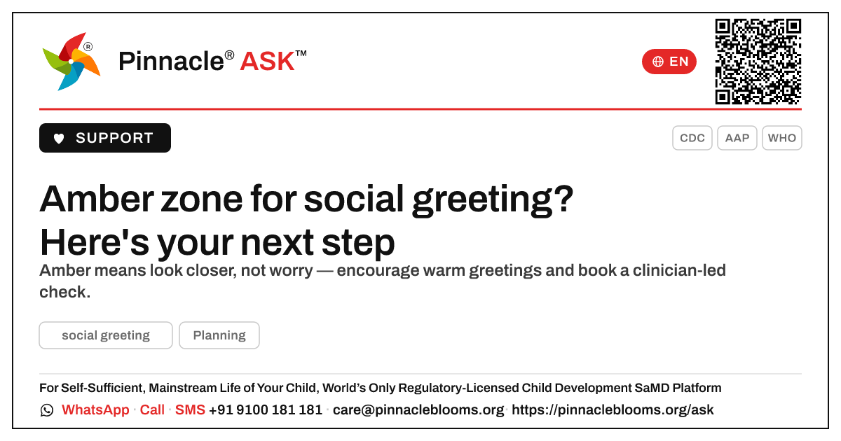 Amber zone for social greeting — your next step — Pinnacle Ask answer card with a short explanation and QR link