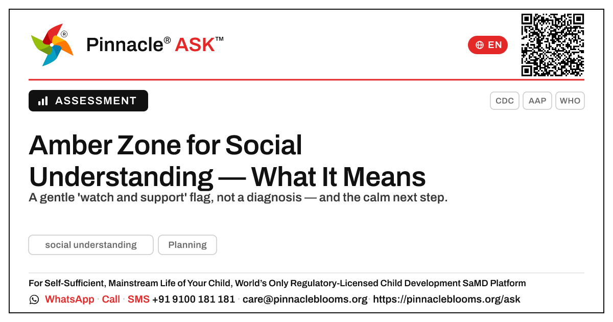 What an Amber Zone for Social Understanding Means — Pinnacle Ask answer card with a short explanation and QR link