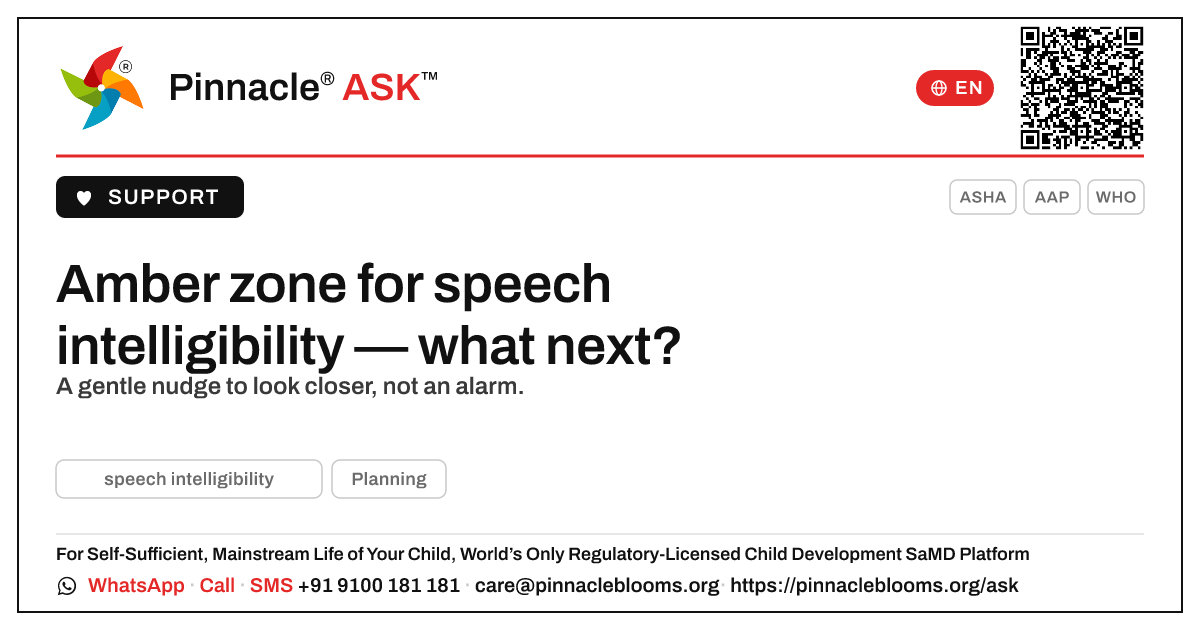 Amber zone for speech intelligibility — what to do next — Pinnacle Ask answer card with a short explanation and QR link