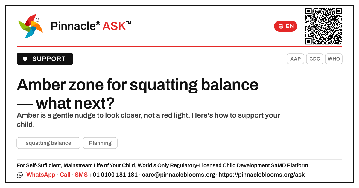 Amber zone for squatting balance — what to do next — Pinnacle Ask answer card with a short explanation and QR link