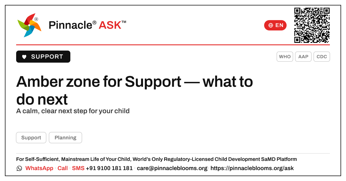 Amber zone for Support — your next step — Pinnacle Ask answer card with a short explanation and QR link