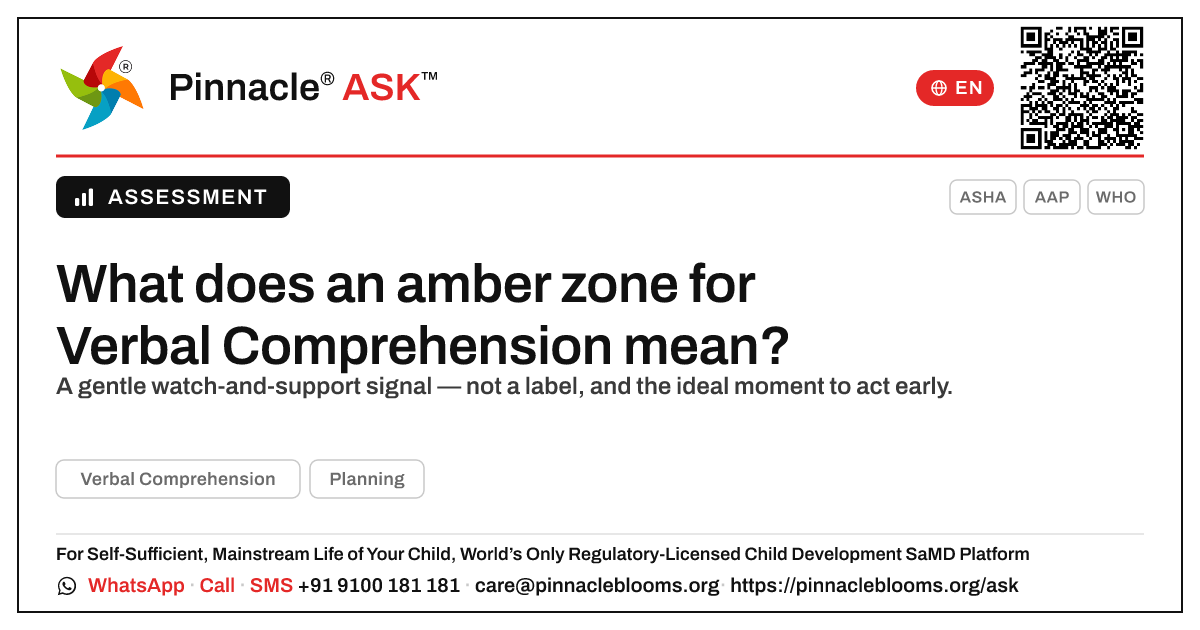 Verbal Comprehension amber zone explained — Pinnacle Ask answer card with a short explanation and QR link