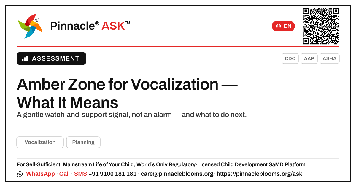 What the amber zone for Vocalization means — Pinnacle Ask answer card with a short explanation and QR link