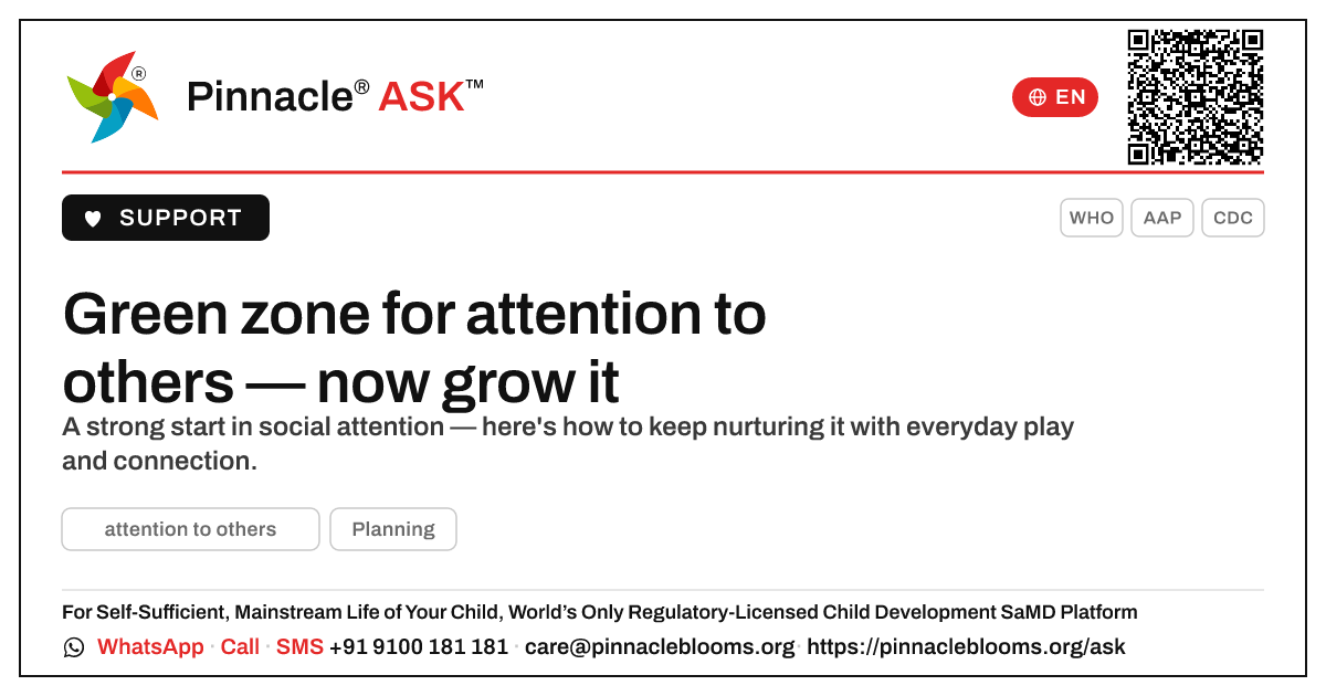 Green zone for attention to others — what to do next — Pinnacle Ask answer card with a short explanation and QR link