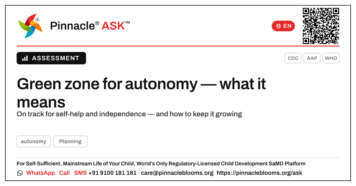 What a green zone for autonomy means — Pinnacle Ask answer card with a short explanation and QR link