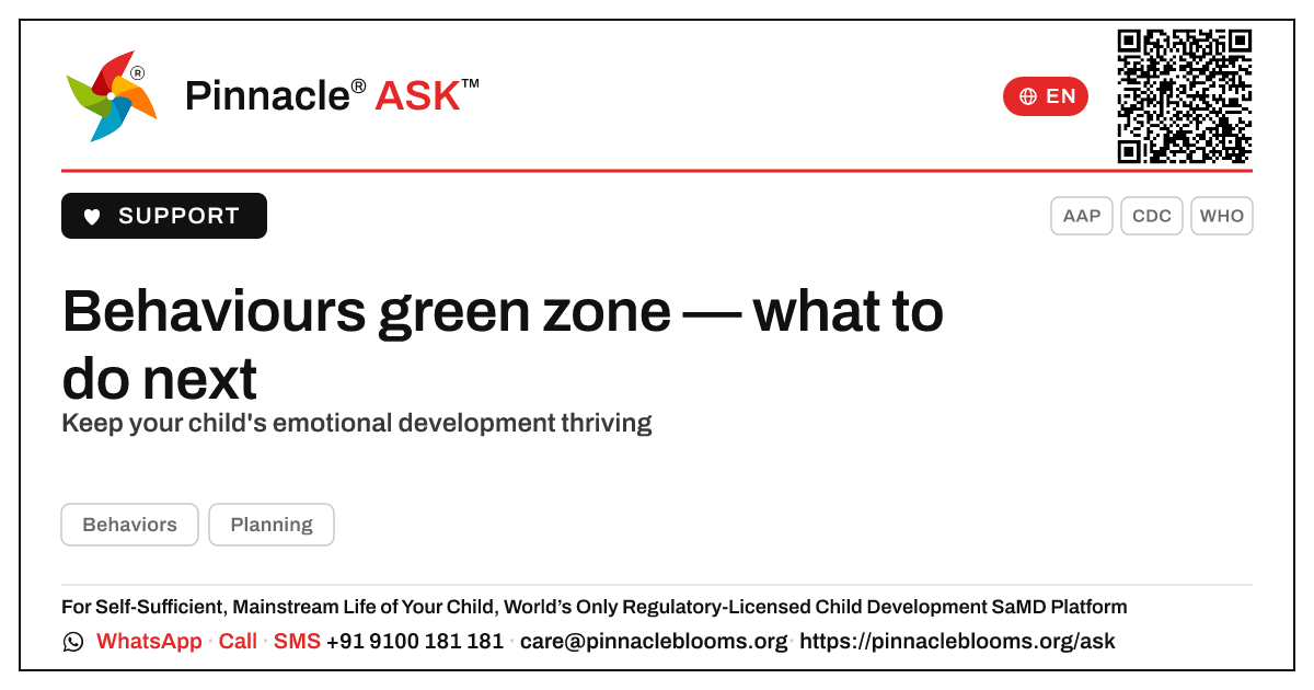 Behaviours green zone — your next steps — Pinnacle Ask answer card with a short explanation and QR link