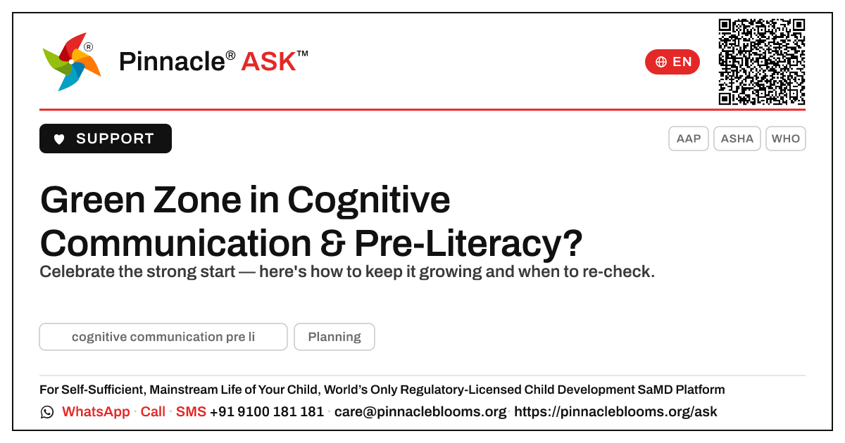 Green Zone for Cognitive Communication & Pre-Literacy — Next Steps — Pinnacle Ask answer card with a short explanation and QR link