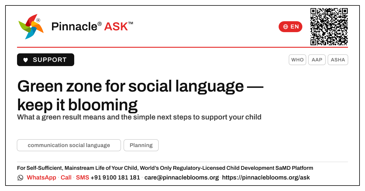 Green zone for communication & social language — what next? — Pinnacle Ask answer card with a short explanation and QR link