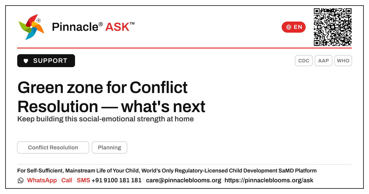 Green zone for Conflict Resolution — your next steps — Pinnacle Ask answer card with a short explanation and QR link