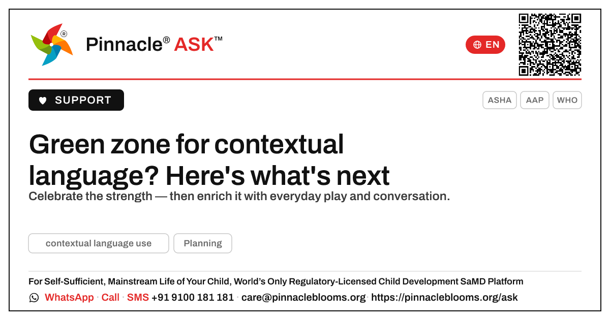Green zone for contextual language use — what should we do next? — Pinnacle Ask answer card with a short explanation and QR link
