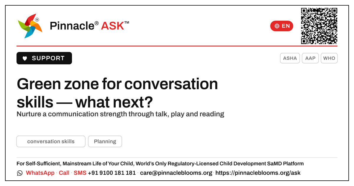 Green zone for conversation skills — what to do next — Pinnacle Ask answer card with a short explanation and QR link