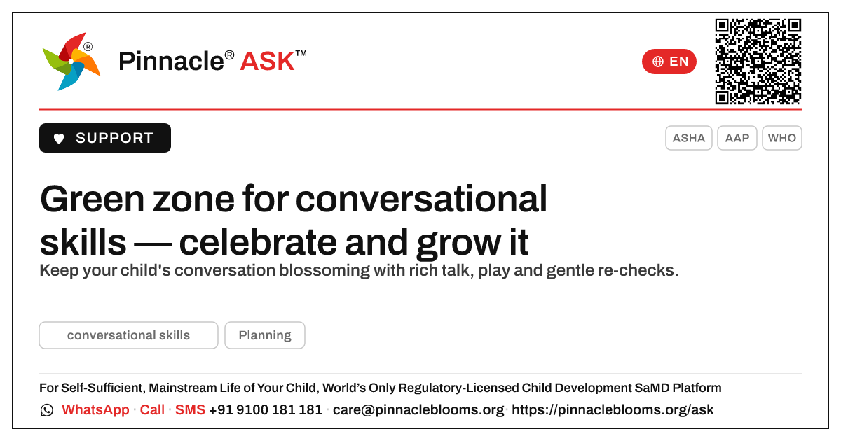 Green zone for conversational skills — what's next? — Pinnacle Ask answer card with a short explanation and QR link