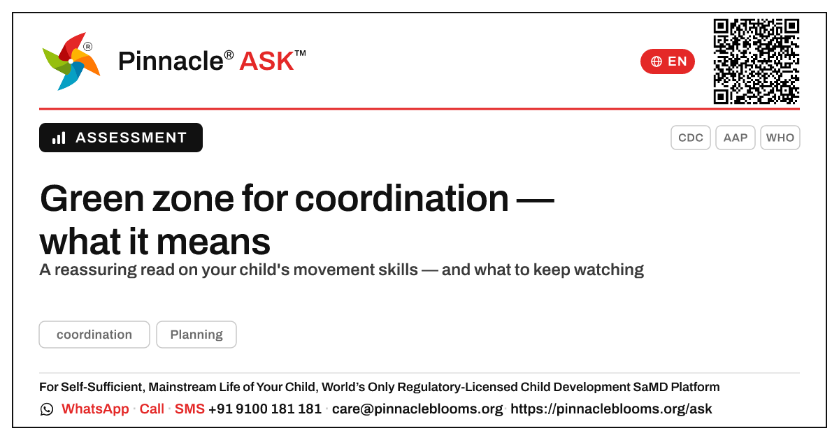 Green zone for coordination — what it means — Pinnacle Ask answer card with a short explanation and QR link