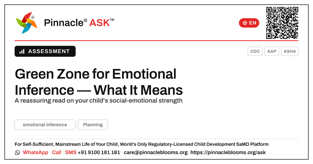 What a green zone for emotional inference means — Pinnacle Ask answer card with a short explanation and QR link