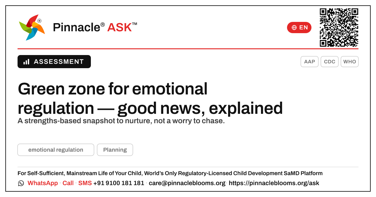 What the green zone means for emotional regulation — Pinnacle Ask answer card with a short explanation and QR link