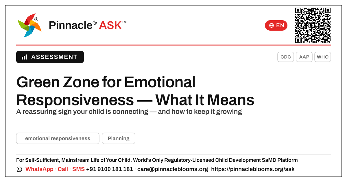 Green Zone for Emotional Responsiveness — What It Means — Pinnacle Ask answer card with a short explanation and QR link