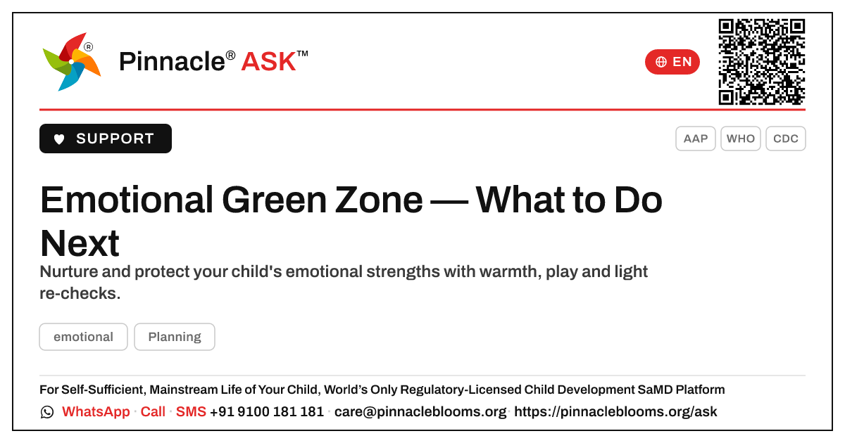 Emotional Green Zone — What to Do Next — Pinnacle Ask answer card with a short explanation and QR link