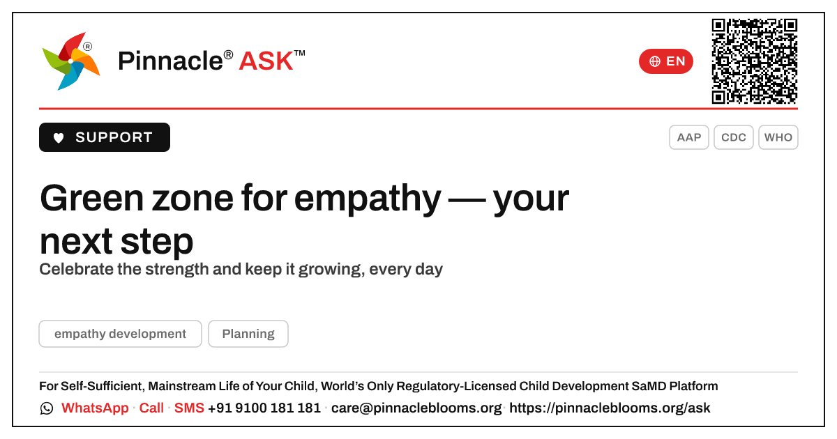 Green zone for empathy development — what should we do next? — Pinnacle Ask answer card with a short explanation and QR link