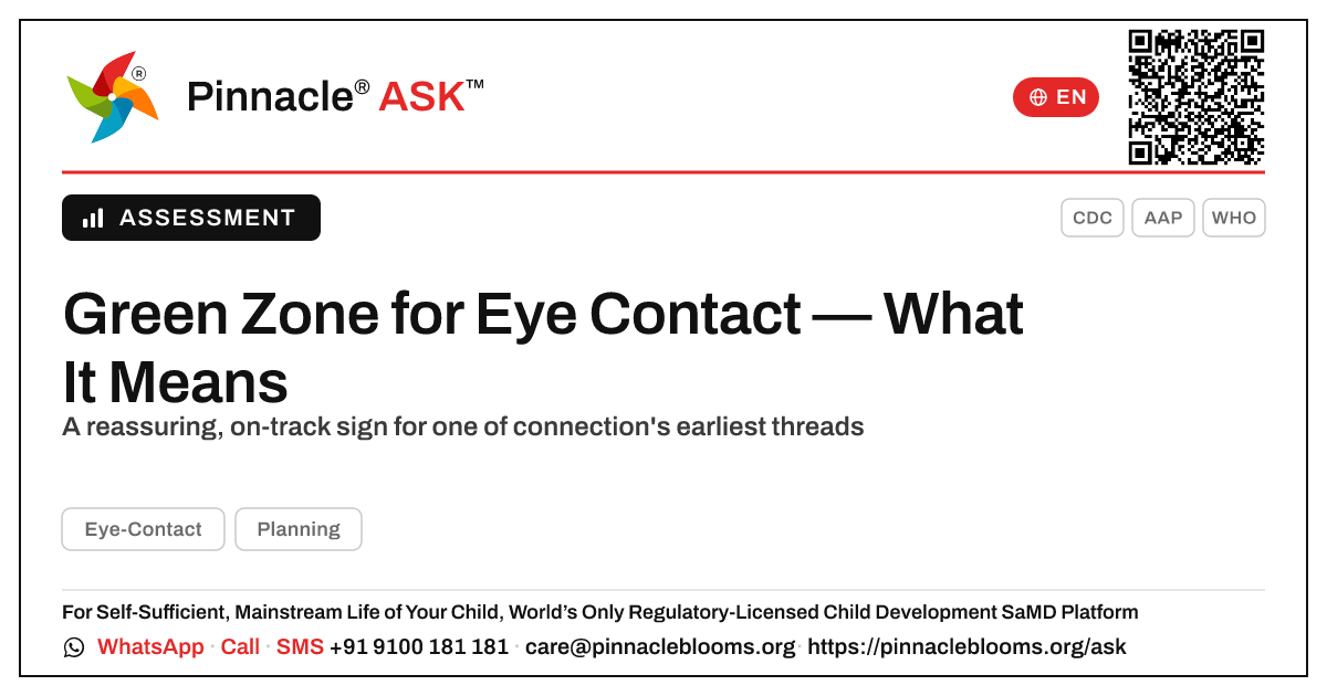 What a green zone for eye contact means — Pinnacle Ask answer card with a short explanation and QR link