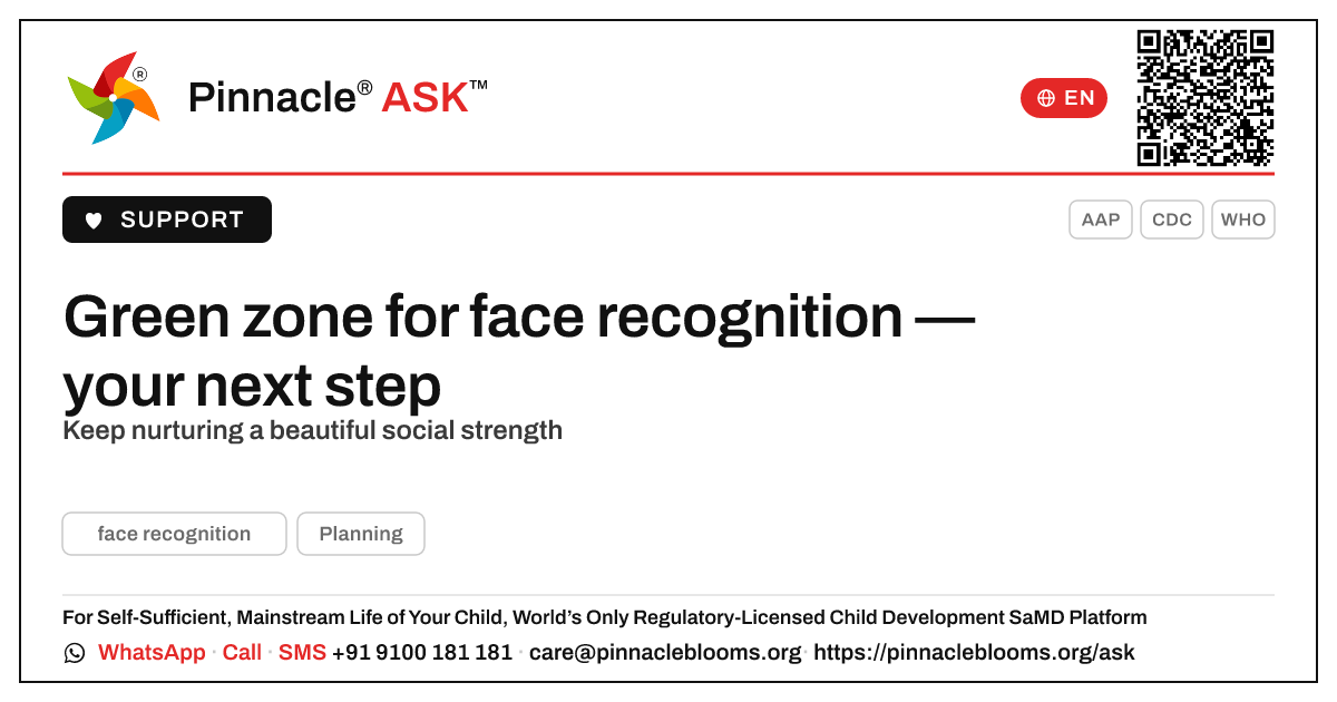 Green zone for face recognition: what to do next — Pinnacle Ask answer card with a short explanation and QR link