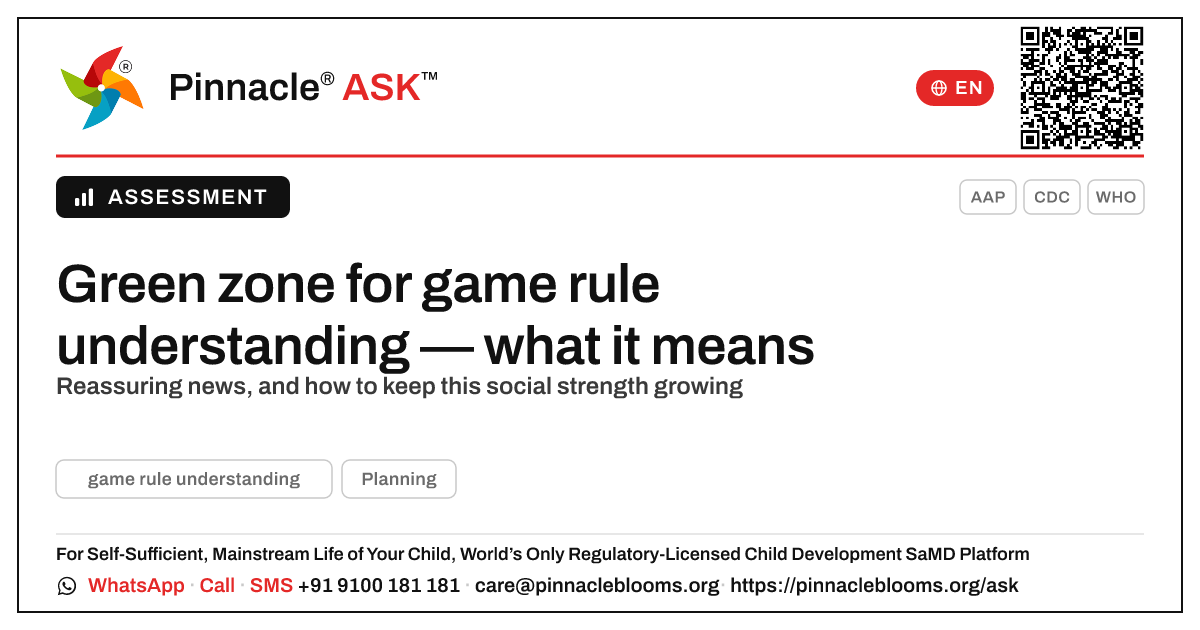 What a green zone for game rule understanding means — Pinnacle Ask answer card with a short explanation and QR link
